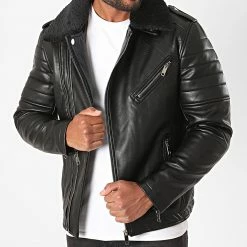 Promo 🎉 Veste Biker Col Fourrure QQ553 Noir de Frilivin 💯