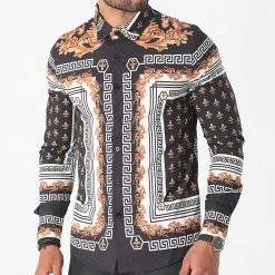 Bon marché 🎁 Chemise Manches Longues BM1245 Blanc Noir Renaissance Floral de Frilivin 🔔