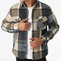 Bon marché ✔️ Surchemise A Carreaux HP03221 Gris Anthracite Beige de Frilivin ⌛