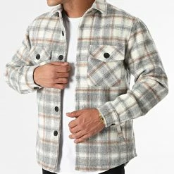 Bon marché ✔️ Surchemise A Carreaux HP03216 Beige Gris de Frilivin 🔔