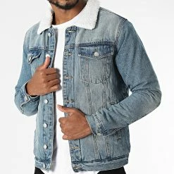 Meilleure vente 😀 Veste Jean Col Fourrure VJ211 Bleu Denim de Frilivin 🤩