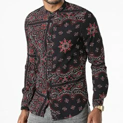 Nouveau ✔️ Chemise Manches Longues Floral FW31231 Noir Rouge de Frilivin ⭐