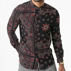 Nouveau ✔️ Chemise Manches Longues Floral FW31231 Noir Rouge de Frilivin ⭐ -Promos Frilivin Magasin frilivin 292395 FW31231 BLACK 20211124T150742 03