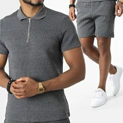 Coupon 🛒 Ensemble Polo Manches Courtes Short Jogging BM1551 Gris Anthracite Chiné de Frilivin 💯