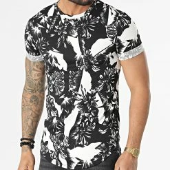 Grosses soldes 👍 Tee 👕 Shirt Oversize U1156 Noir Blanc Floral de Frilivin ✔️