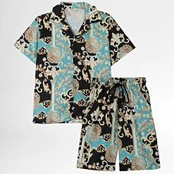 Meilleure affaire 🥰 Ensemble Chemise Manches Courtes Et Short Enfant ZD002 Noir Turquoise Renaissance de Frilivin 👍