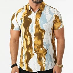 Bon marché 😍 Chemise A Manches Courtes BM1380 Camel Blanc de Frilivin ✨