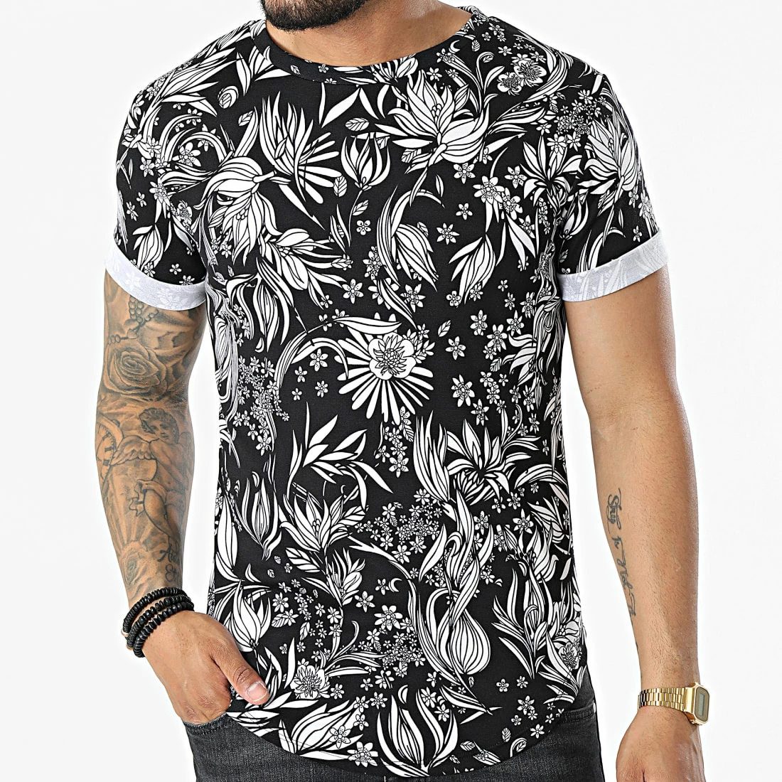 Meilleure vente ✨ Tee 👕 Shirt Oversize Floral C5814 Noir Blanc de Frilivin 🧨 5 Meilleure vente ✨ Tee 👕 Shirt Oversize Floral C5814 Noir Blanc de Frilivin 🧨 – Image 3