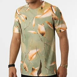 Promo 🧨 Tee 👕 Shirt Floral 16012 Vert Orange de Frilivin 🔥