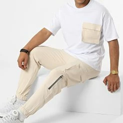 Vente flash ❤️ Ensemble Tee 👚 Shirt Poche Jogger Pant 5772 Blanc Beige de Frilivin 🎁