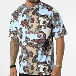 Vente flash 👍 Tee 👕 Shirt 16097 Bleu Clair Beige Bandana de Frilivin 😍