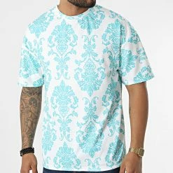 Tout neuf ⌛ Tee 👕 Shirt 16098 Blanc Turquoise Renaissance Floral de Frilivin 💯