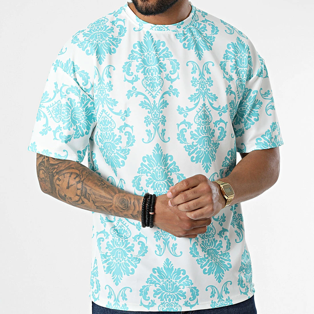 Tout neuf ⌛ Tee 👕 Shirt 16098 Blanc Turquoise Renaissance Floral de Frilivin 💯 5 Tout neuf ⌛ Tee 👕 Shirt 16098 Blanc Turquoise Renaissance Floral de Frilivin 💯 – Image 3