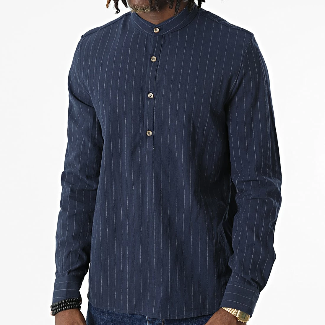 Bon marché 🔔 Chemise Manches Longues Col Tunisien A Rayures BM1190 Bleu Marine de Frilivin 🔥 5 Bon marché 🔔 Chemise Manches Longues Col Tunisien A Rayures BM1190 Bleu Marine de Frilivin 🔥 – Image 3