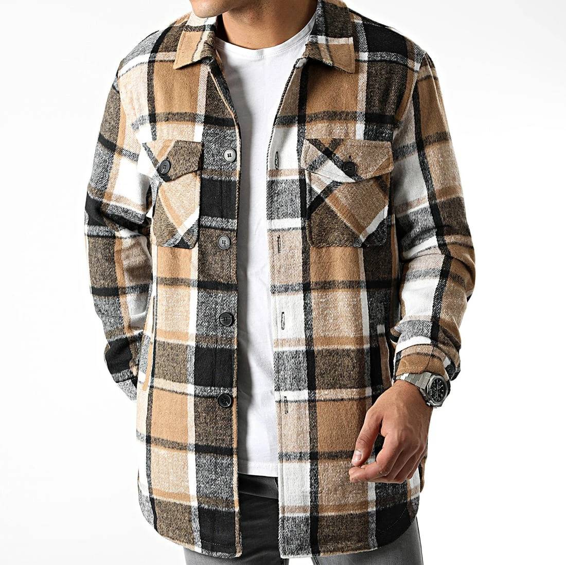 Grosses soldes 🧨 Surchemise A Carreaux Longue HP06E75 Beige Gris de Frilivin 🔔 5 Grosses soldes 🧨 Surchemise A Carreaux Longue HP06E75 Beige Gris de Frilivin 🔔 – Image 3