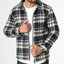 Tout neuf ⌛ Surchemise Zippée A Carreaux HP0668 Bleu Marine Blanc Beige de Frilivin 🎁