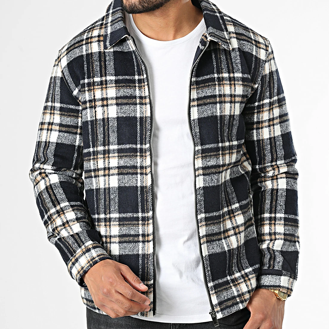 Tout neuf ⌛ Surchemise Zippée A Carreaux HP0668 Bleu Marine Blanc Beige de Frilivin 🎁 5 Tout neuf ⌛ Surchemise Zippée A Carreaux HP0668 Bleu Marine Blanc Beige de Frilivin 🎁 – Image 3