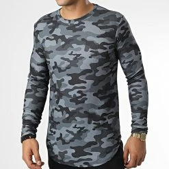 Offres 😉 Tee 👕 Shirt Oversize Manches Longues D7215 Noir Gris Camouflage de Frilivin 🤩