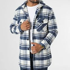 Bon marché 🎁 Veste Capuche A Carreaux HP06B72 Blanc Bleu Marine de Frilivin 🔔