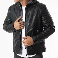 Promo 🔔 Veste Biker Capuche 8821 Noir Gris Anthracite Chiné de Frilivin ✔️
