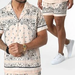 De gros 🎁 Ensemble Chemise Manches Courtes Short Jogging Bandana BM1620 Beige de Frilivin 👏