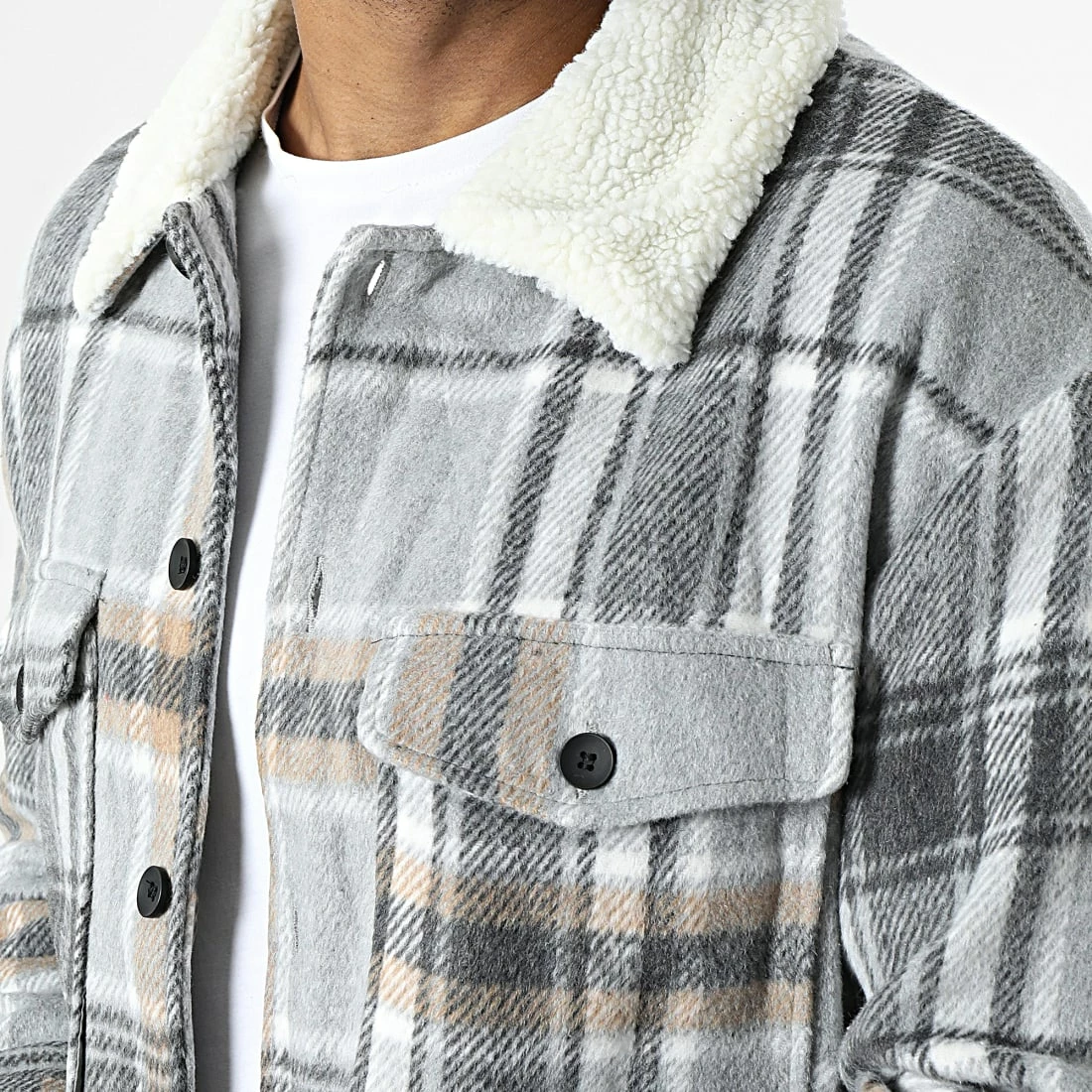 Vente flash 😀 Surchemise A Carreaux Col Mouton QQ160K17 Gris Chiné de Frilivin ❤️ 4 Vente flash 😀 Surchemise A Carreaux Col Mouton QQ160K17 Gris Chiné de Frilivin ❤️ – Image 2