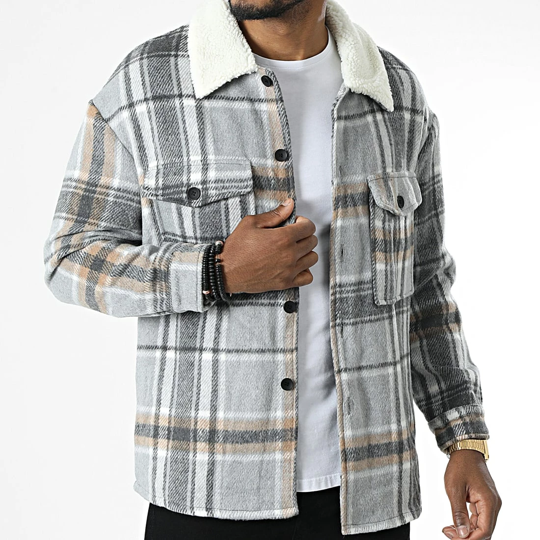 Vente flash 😀 Surchemise A Carreaux Col Mouton QQ160K17 Gris Chiné de Frilivin ❤️ 5 Vente flash 😀 Surchemise A Carreaux Col Mouton QQ160K17 Gris Chiné de Frilivin ❤️ – Image 3