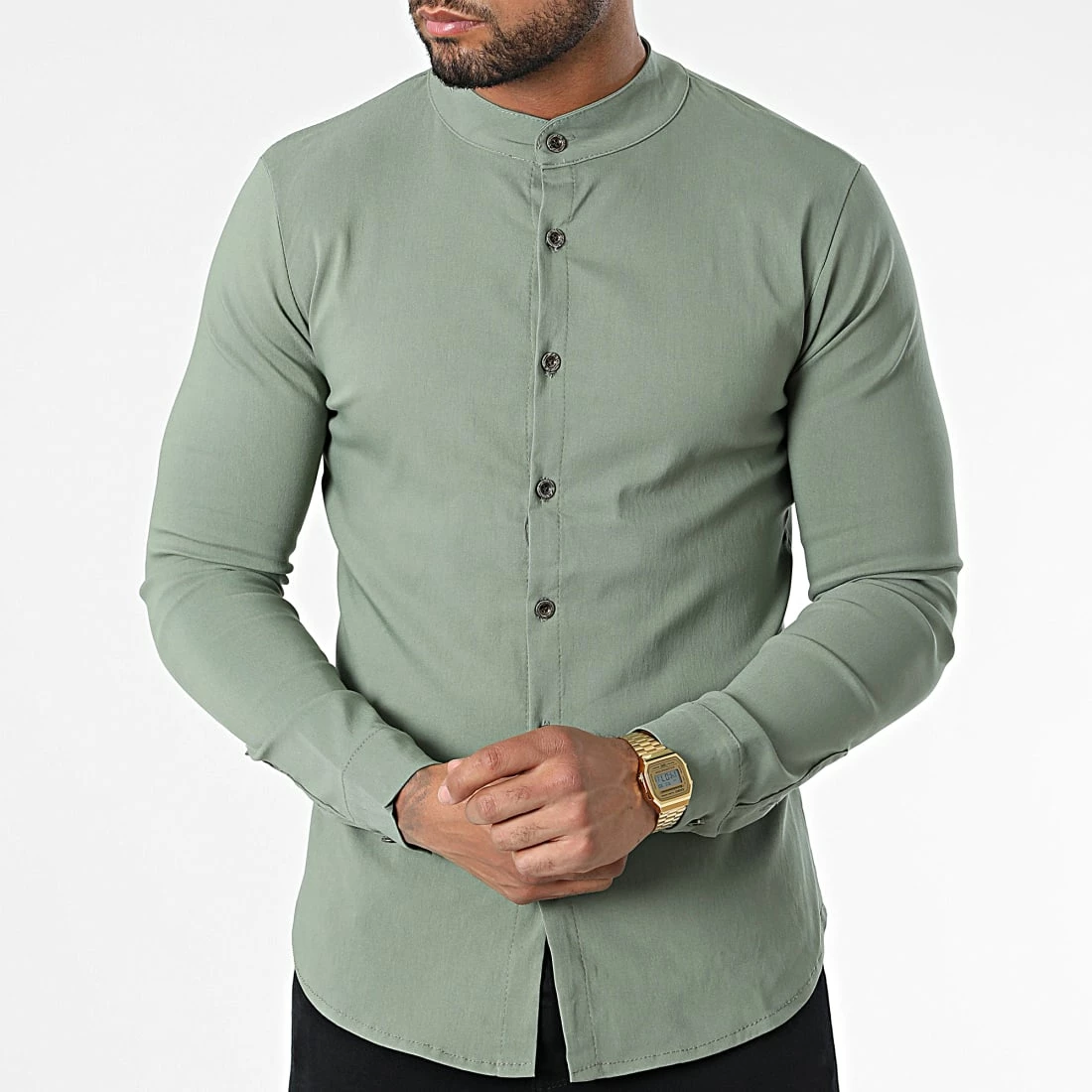 Offres ⭐ Chemise Manches Longues Col Mao 4221 Vert Kaki de Frilivin 🤩 5 Offres ⭐ Chemise Manches Longues Col Mao 4221 Vert Kaki de Frilivin 🤩 – Image 3