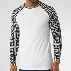 Nouveau 🎁 Tee 👚 Shirt Manches Longues D7539 Blanc Noir de Frilivin 👏