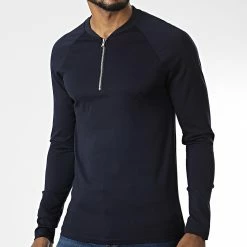 Acheter ⭐ Tee 👚 Shirt Manches Longues Col Zippé 5815 Bleu Marine de Frilivin 👍