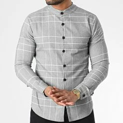 Promo 😉 Chemise Manches Longues Col Mao 4128 Gris Chiné de Frilivin ❤️