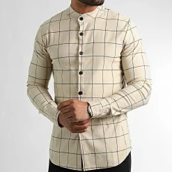 Remise 😀 Chemise Manches Longues A Carreaux Col Mao 1719 Beige de Frilivin 😉